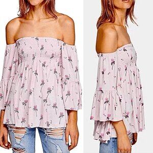 FREE PEOPLE Pink Floral Lana Cloudberry Halter Off shoulder Tunic Womens Sz Med